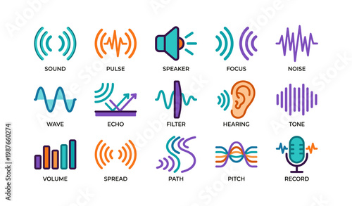 Colorful audio and sound icons collection featuring speaker and microphone symbols