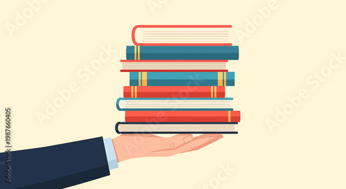Vector Illustration of a Hand Holding a Stack of Colorful Books