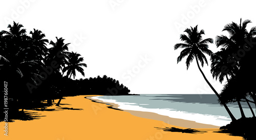 Tropical Beach Landscape with Palm Tree Silhouettes Vector Art