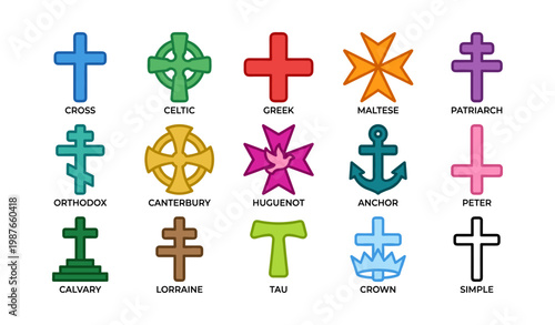 Colorful array of cross designs: celtic, greek, maltese, huguenot, and more