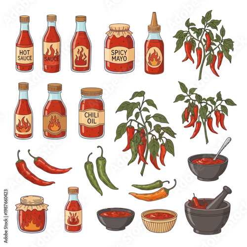 Spicy Hot Sauce, Chili Oil, Peppers, and Mayo Collection - Hand-Drawn Style