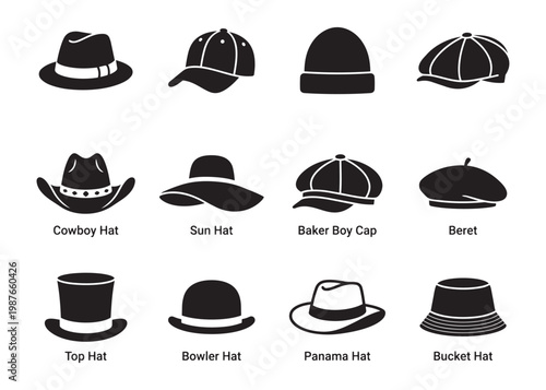 Fashion headwear and hat types set including cowboy sun baker boy and top hat vector illustration.