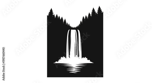 Waterfall Silhouette Vector Illustration in Pine Forest