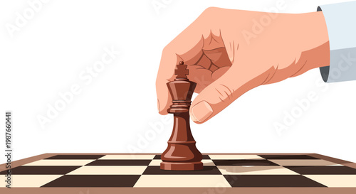 Hand Moving King Chess Piece on Chessboard Vector Illustration