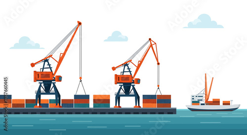 Industrial Seaport with Cargo Cranes and Container Ship Vector