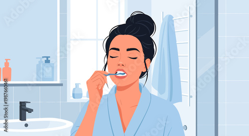 Woman Brushing Teeth in Bathroom Morning Routine Vector Illustration
