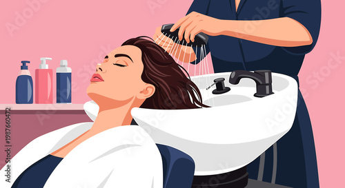 Professional Hair Salon Illustration of Woman Getting Hair Washed