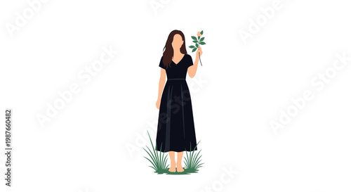 Minimalist Vector Illustration of Woman in Black Dress with Flower