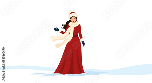 Elegant Woman in Red Winter Dress Standing in Snow Illustration