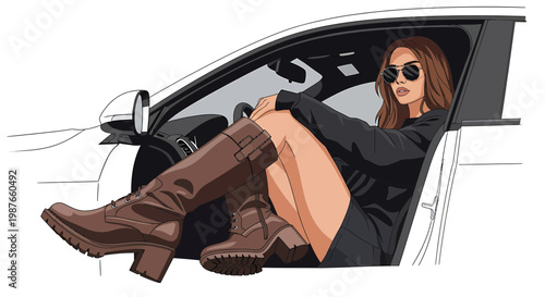 Stylish Woman in Brown Boots Sitting in a Car Vector Illustration