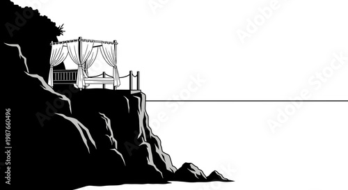 Vector illustration of a luxury canopy bed on a cliff by the sea