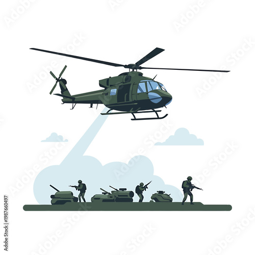 Military Helicopter Flying Over Battlefield with Soldiers and Tanks