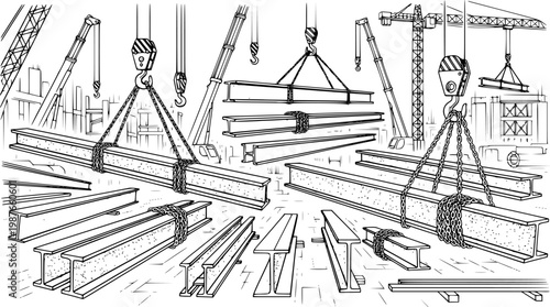 Collection of various steel beams and girders being lifted by cranes and chains, illustrating construction and industrial processes.

