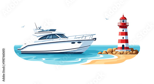 Modern Luxury Yacht and Lighthouse on Tropical Beach Vector
