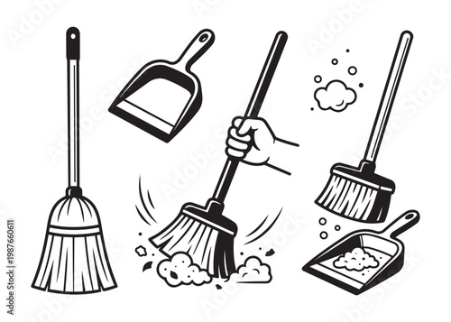 Cleaning tools vector illustration set with broom dustpan hand and dirt on checkered background.