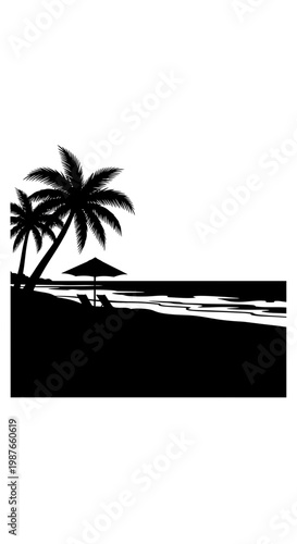 Tropical Beach Silhouette with Palm Trees and Parasol Illustration