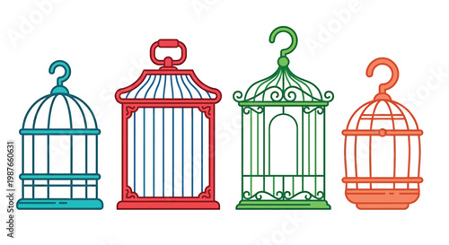 Four colorful birdcages in a row outlined in a simple cartoon style