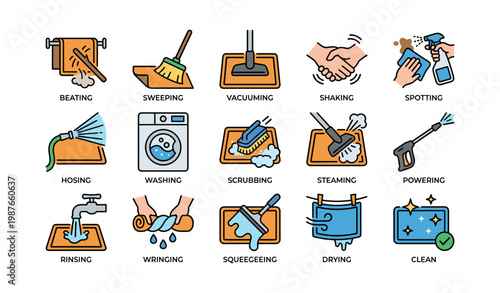 Colorful home cleaning icons: sweeping, washing, vacuuming, and more