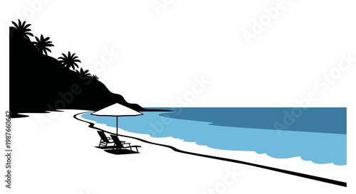 Minimalist Tropical Beach Landscape Illustration with Umbrella and Chairs