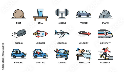 Illustrated concepts of motion and rest with vehicles, objects, and daily activities