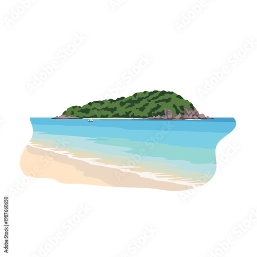 Tropical beach and green island vector illustration on white