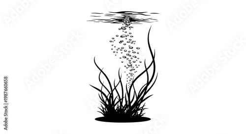 Underwater Seaweed with Rising Air Bubbles Vector Illustration
