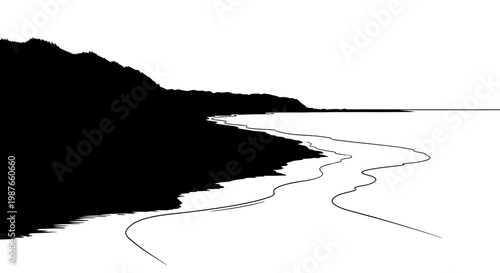 Black and White Minimalist Coastline and Beach Vector Illustration