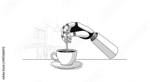 Robotic Hand Stirring Coffee in Cafe Line Art Illustration