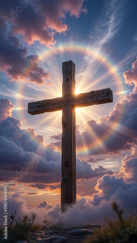 Solemn Stone Cross Stands Tall Amidst Dramatic Sunset Clouds With Glorious Sunbeam Halo