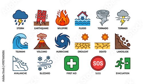 Natural disaster icons: storm, earthquake, wildfire, flood, tornado, tsunami, volcano, hurricane