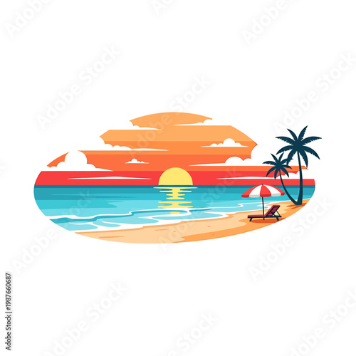 Tropical Beach Sunset Illustration with Palm Trees and Lounge Chair