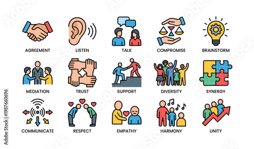 Diverse communication skills icons illustrating agreement, support, brainstorming, and unity