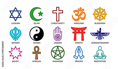 Symbols representing major world religions and spiritual practices