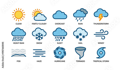 Weather icons collection featuring sun, cloud, rain, snow, hail, wind, fog, hurricane, tornado, and thunderstorm