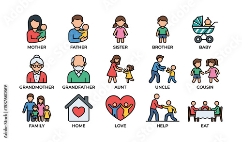 Family icons: parents, children, grandparents, and activities