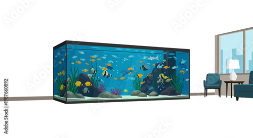 Large aquarium with tropical fish in a modern interior illustration