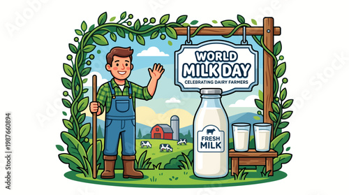 Waving dairy farmer with fresh milk bottle and World Milk Day hanging signboard, eps vector illustration.