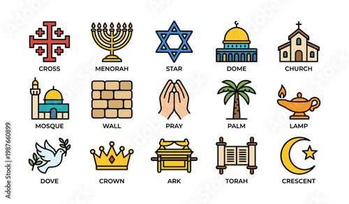 Religious symbols collection featuring cross, menorah, star, dome, mosque, dove, crown, and crescent