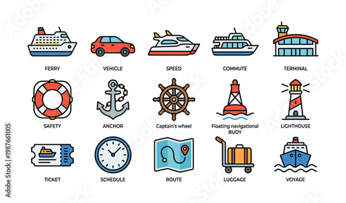 Transportation icon set including ferry, vehicle, speedboat, terminal, lighthouse