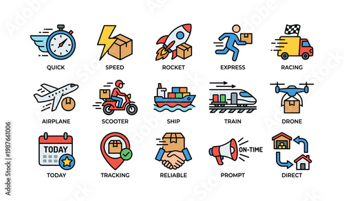Express delivery icons: speed, rocket, fast transport symbols for quick services