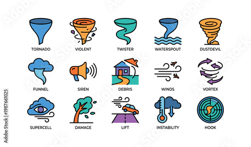 Illustrated tornado icons: funnel clouds, twisters, and weather effects