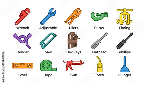 Colorful assorted hand tools collection with labels