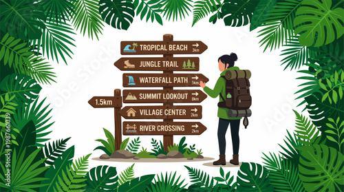 Female hiker reading wooden directional signpost surrounded by tropical foliage, eps vector illustration.