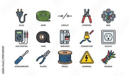 Electrical tools and components icons: wire, circuit, stripper, multimeter, connector
