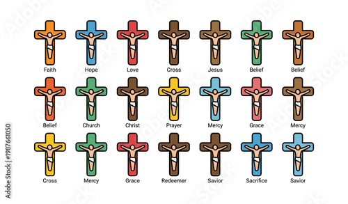 Colorful christian crosses with jesus icons symbolizing faith and belief