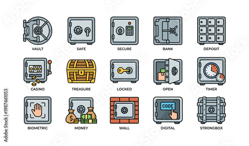 Collection of secure safes and lock icons for banking and security