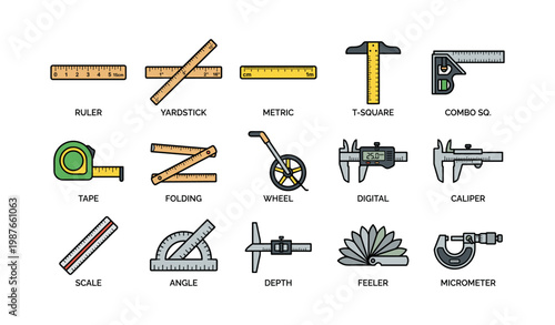 Variety of measuring tools: ruler, caliper, t-square, tape, micrometer, and more