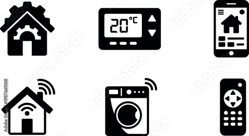 Black and white smart home gadgets icons including thermostat microwave and remote control
