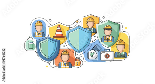 Illustrated safety and health at work event banner, featuring worker characters wearing safety helmets and vests, surrounded by protective shields and icons against a clean white background