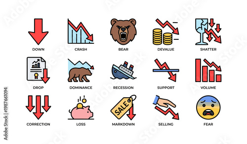 Economic downturn icons illustrating market decline and financial instability